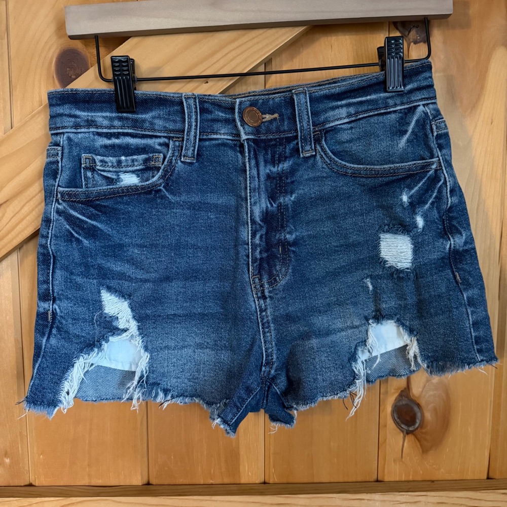 SO Mom Shorts Blue Distressed High Rise Denim‎ Frayed Cutoff Grunge Junior 5/27W